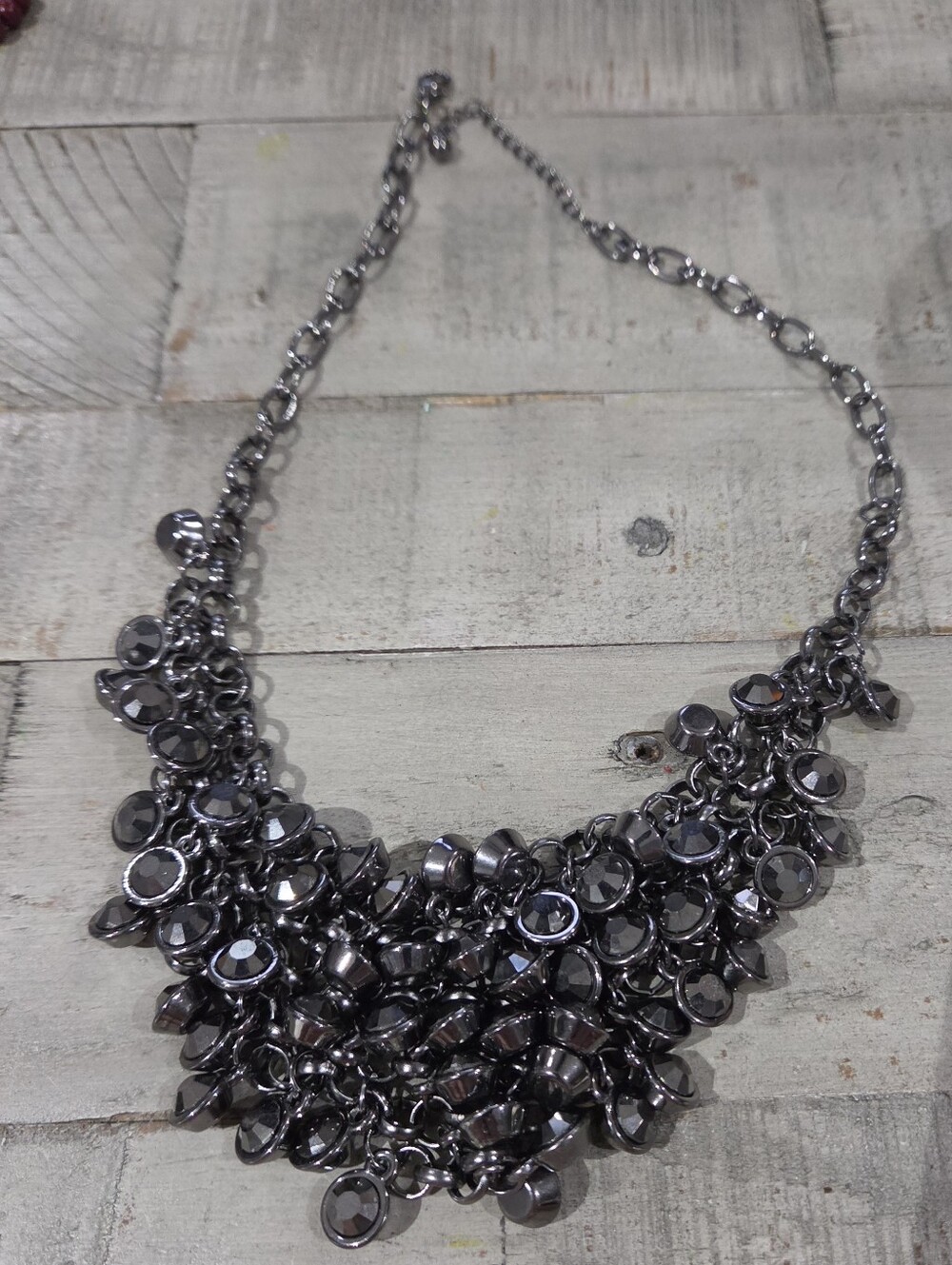 Dramatic Gunmetal Black Crystal Cluster Bib Statement Necklace